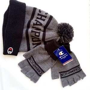 New Champion Pompom Beanie & Fingerless Gloves Set